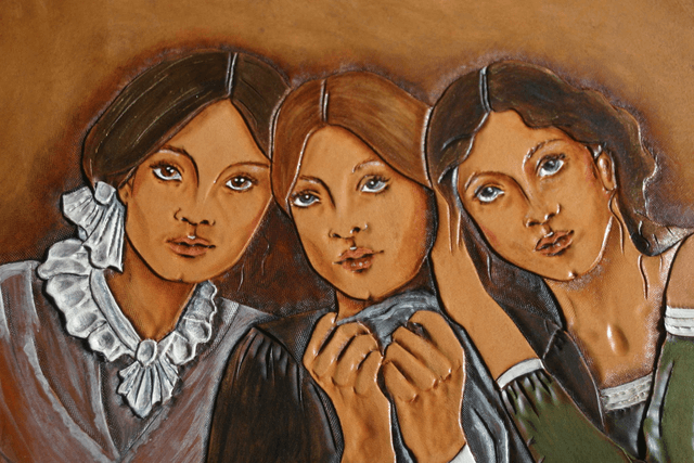 Les soeurs Brontë, tableau en cuir repoussé
