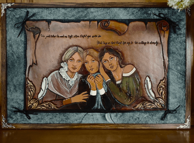 Les soeurs Brontë, tableau en cuir repoussé