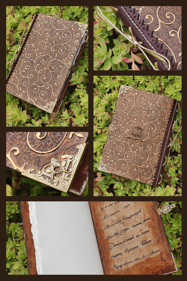 Carnet en cuir repoussé doré, féérique